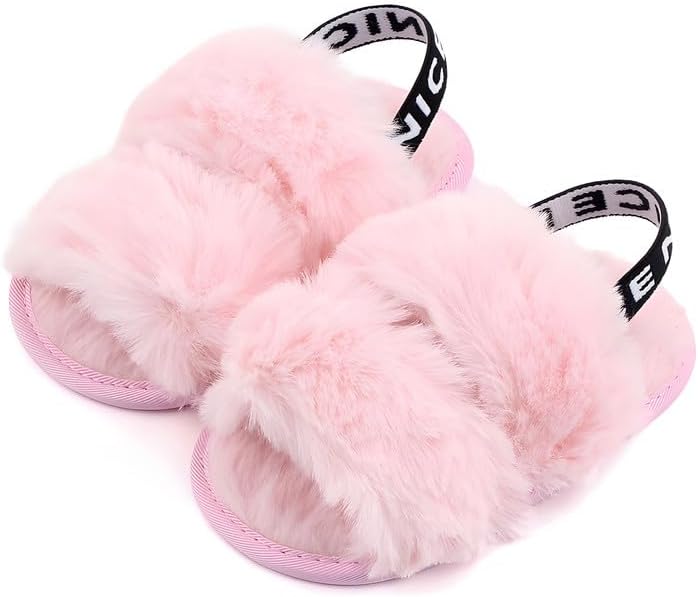 QIETION Girl's Soft Plush Lightweight House Slippers Non Slip Cross Band Slip on Open Toe Cozy Indoor Outdoor Slippers