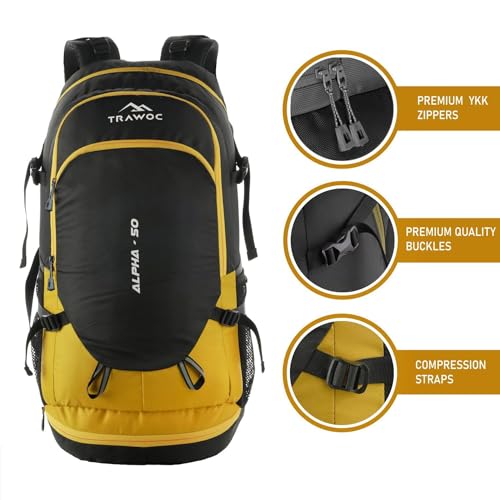 TRAWOC ALPHA 50 Litre Travel Backpack Water Resistant Daypack Bag for Cycling Trekking Hiking Camping for Men & Women, Yellow