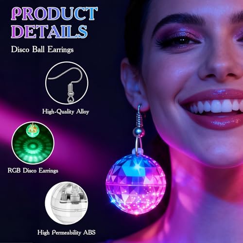 PartyFrenzy 2 Pair Rechargeable Disco Ball Earrings 16 Light Modes, Light up Earrings 32mm Flashing LED Earrings Ball for ...