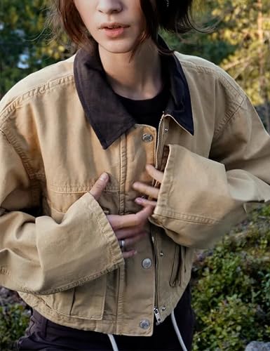 Megfie Womens Cropped Jacket Contrast Collar Utility Coat Cargo Jacket Barn Jacket Outwear with Pockets