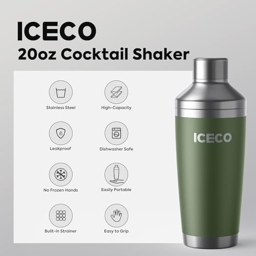 ICECO 20oz Cocktail Shaker, Stainless Steel Drink Shaker, Leakproof and Built-in Strainer, Travel cocktail kit with Barten...
