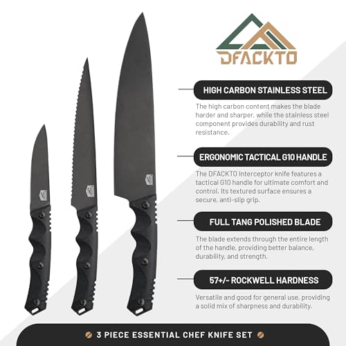 DFACKTO Premium Rugged 3-Piece Kitchen and Camping Knife Set, High Carbon Stainless Steel, G10 Handles, Full Tang - BBQ, T...