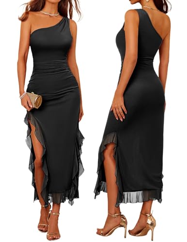 DRESSTELLS Women Formal Wedding Guest Long Cocktail Party One Shoulder Mesh Ruched Bodycon Maxi Ruffle Slit Dress