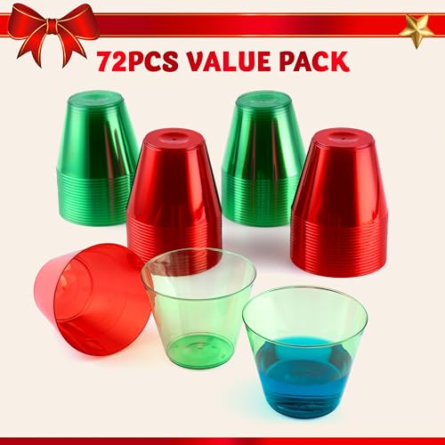 JOYIN 72 PCS Disposable Plastic Drinking Cups, 9 OZ Christmas Clear Plastic Party Cup, Xmas Wine Glasses for Party Supplie...