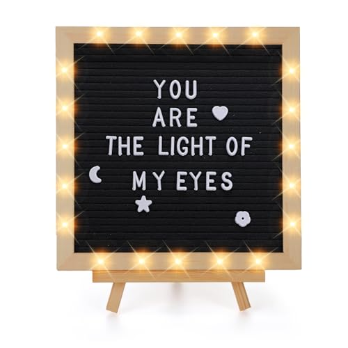 Changeable Felt Letter Board with LED Lights - 10×10" Message Custom Signs & Wood Stand & 450 Letters, Poster Board for Va...