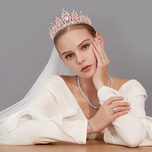 JIOMULIG Pink Rhinestone Tiara, Baroque Style, Women's Queen Crown, Adult Tiara Headband, Perfect for Parties, Prom, Weddi...