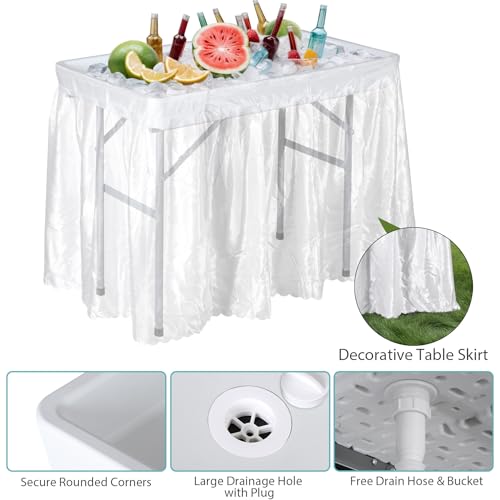 SUPER DEAL Party Ice Cooler Folding Table with 5L Bucket, Portable Outdoor Cooler Table with Removable Matching Skirt, Lar...