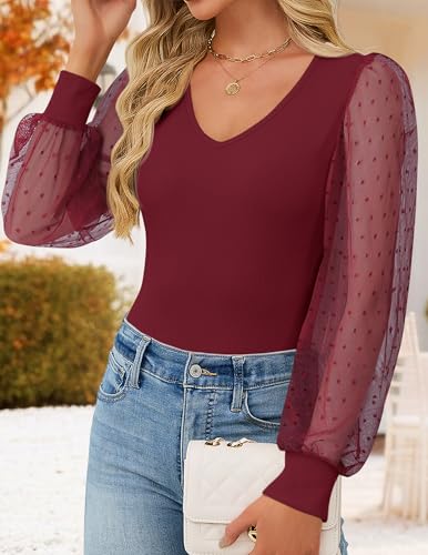 ZESICA Women's Mesh Puff Long Sleeve Shirts 2026 Spring Fall V Neck Ribbed Knit Sexy Going Out Tops Casual Work Blouse
