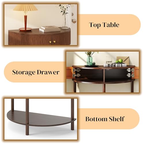 Half Moon Fluted Console Table for Narrow Entryway, Boho Wood Side Coffee Table with Storage, Accent Table for Small Spaces, Decorative Furniture for Living Room Hallway Foyer Entrance (Brown)