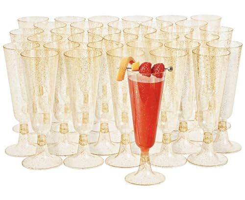 MATANA 50 Premium Plastic Champagne Flutes, Gold Glitter, 5oz - Reusable Cocktail Glasses for Mimosa, Dessert, Wine - Toas...
