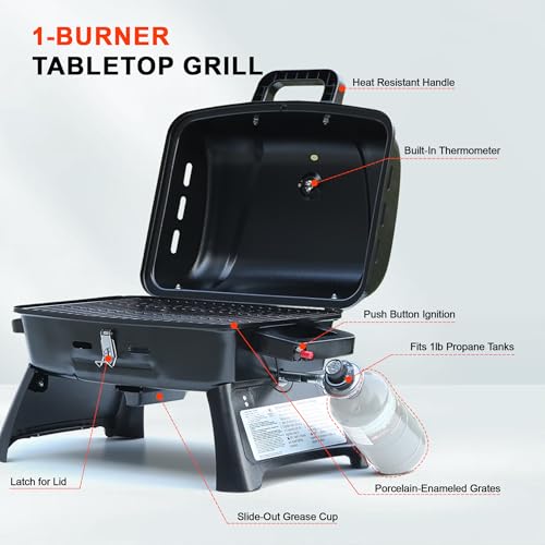 BrandMan Portable Propane Gas Grill, 1-Burner Tabletop Compact BBQ Grill with Folding Legs and Lockable Lid for Camping, T...