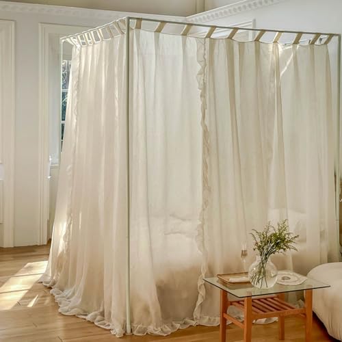 Mengersi Canopy Bed Curtains,Linen Bed Canopy Curtains 4 Corner Bed Drapes Canopy Curtains for Bedroom Decor (Ivory,Full)