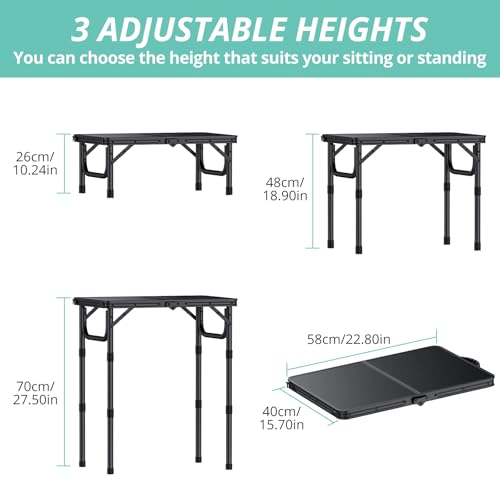 VINTEAM Camping Folding Table with Adjustable Height, Lightweight Portable Outdoor Picnic Table, BBQ Grill Side Table, Dur...