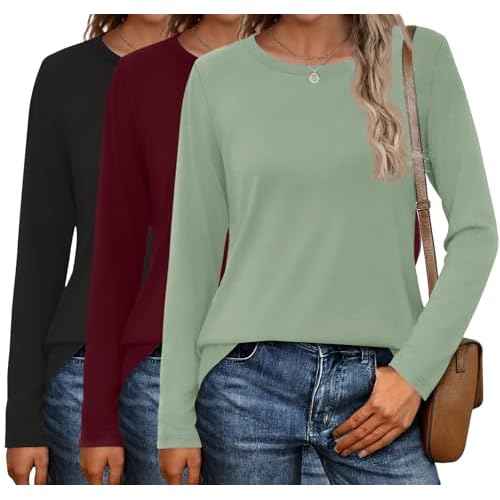 Ekouaer 3 Pack Long Sleeve Shirts for Women Crew Neck Thermal Tops Lightweight Base Layer Undershirt Tees 2025 S-XXL