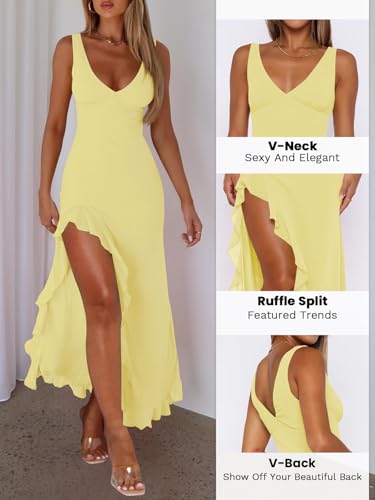 Women Sexy V Neck Sleeveless Mesh Ruffle Hem Bodycon Maxi Casual Backless High Slit Cocktail Party Dress