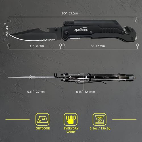 7-in-1 Tactical Survival Knife - Glass Breaker, Seatbelt Cutter, Serrated Steel Blade, Firestarter, LED Flashlight, Bottle...