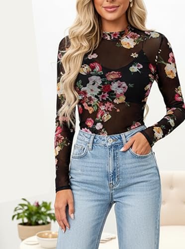 BemorRun Floral Mesh Long Sleeve Tops for Women Mock Neck See Through Fitted Sexy Going Out Top