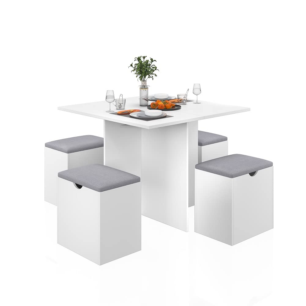 Mondeer 5-Piece Dining Table Set, Small Kitchen Table Set with 4 Stools Compact Space-Saving for Dining Room Kitchen Modern (White and Grey)