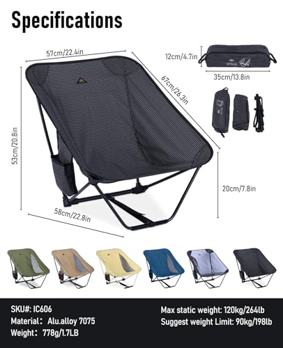 iClimb 1 Low Folding Chair and 1 Anti-Sink Large Feet Chair, Ultralight Compact for Adults Outdoor Camping Backpacking Hiking