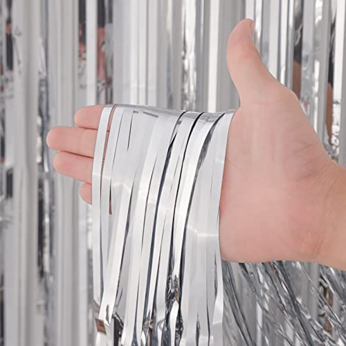 Voircoloria 3 Pack 3.3x8.2 Feet Silver Foil Fringe Backdrop Curtains, Tinsel Streamers Birthday Party Decorations, Fringe ...
