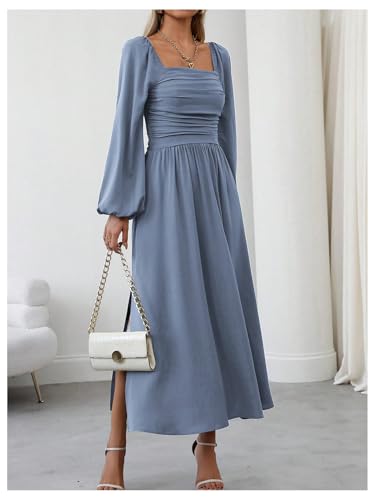 Floerns Women's Square Neck Lantern Long Sleeve Dress Split Ruched Party Midi Dresses