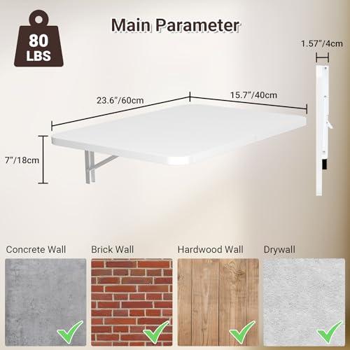 Neoaider Wall Mounted Folding Desk 23.6” x 15.7”, Drop Down Table with Metal Collapsible Brackets, Folding Wall Table for ...
