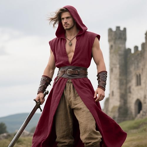 L'VOW Men's Medieval Hooded Surcoat Renaissance Tabard Sleeveless Tunic Cloak Viking Costume Holloween Assassin Cosplay