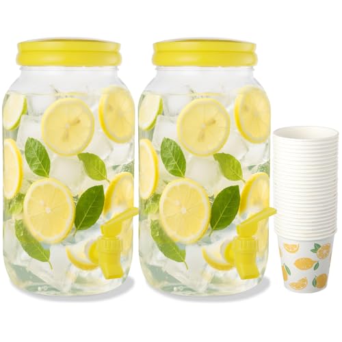 2 Pcs Plastic Beverage Dispenser with Spigot and 40 Pcs Lemon Paper Party Cups Kitchen Fridge Clear Plastic Drink Summer B...
