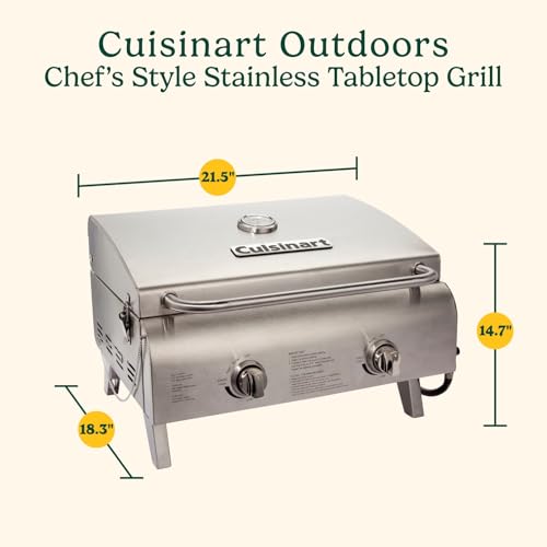 Cuisinart Chef's Style Tabletop Portable Propane Grill, 20,000 BTU Stainless Steel 2-Burner Outdoor Gas Grill for Camping,...