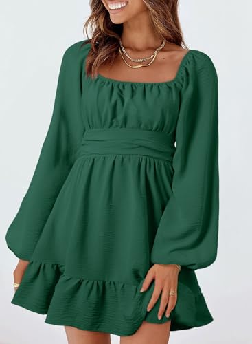 Dokotoo Womens Dress Long Lantern Sleeve Square Neck Tie Backless Sexy Dress Ruffle Elastic Waist A-Line Mini Dress