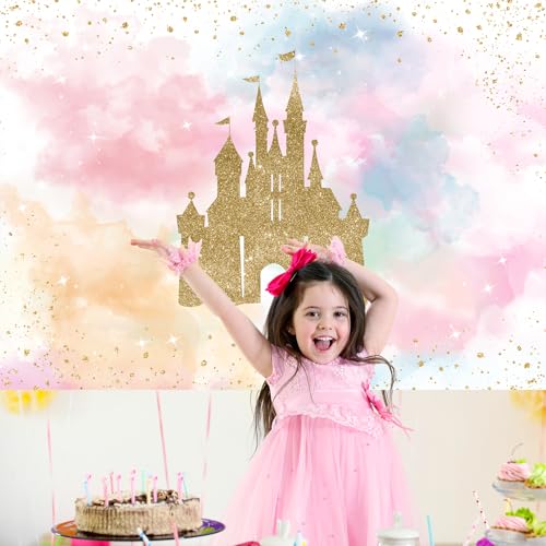 Mocsicka Princess Castle Birthday Backdrop Watercolor Pastel Rainbow Birthday Background Gold Glitter Royal Party Cake Tab...