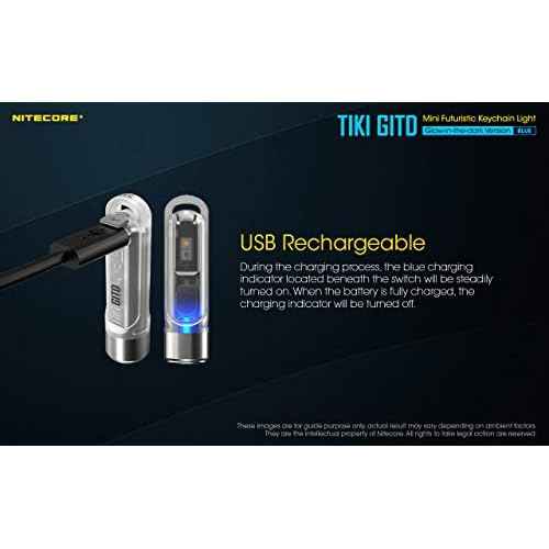 Nitecore Tiki GITD Blue Keychain Flashlight with UV & High CRI Light, 300 Lumen Everyday Carry EDC USB-C Rechargeable with Charging Cable