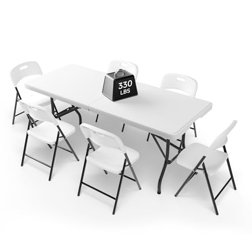 Ortus Collective 6FT Folding Table Set with 6 Folding Chairs, Heavy Duty 330 lbs Table & 600 lbs Chairs, Portable Folding ...