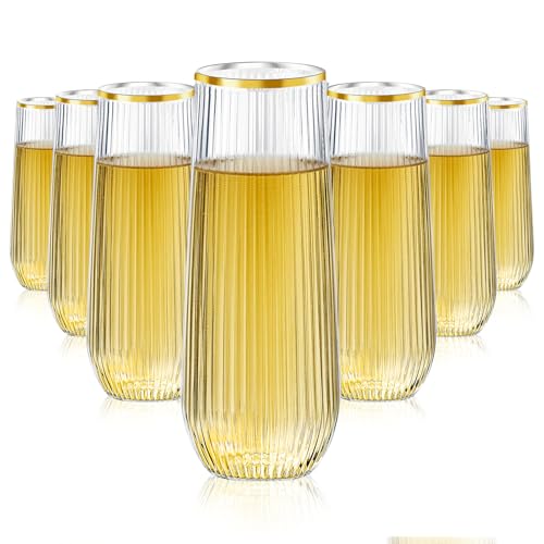 Lueumxc 48 Pack Plastic Ribbed Champagne Flutes, 9 Oz Stemless Disposable Gold Rim Clear Plastic Toasting Glasses Shatterp...