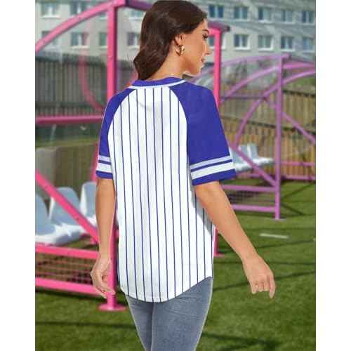 Baseball Shirt Jerseys for Women Baseball Jersey Game Day Fan Striped Baseball Player Button Down Short Sleeve Tops