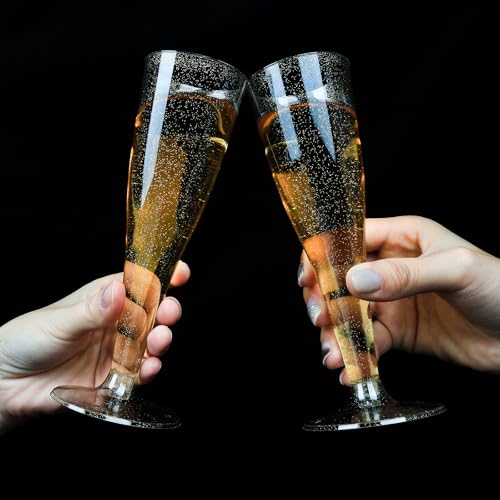 Bestluck 25 Pack Champagne Flutes Plastic, 4.5 oz Gold Glitter Plastic Disposable Stemware, Disposable Champagne Flutes fo...