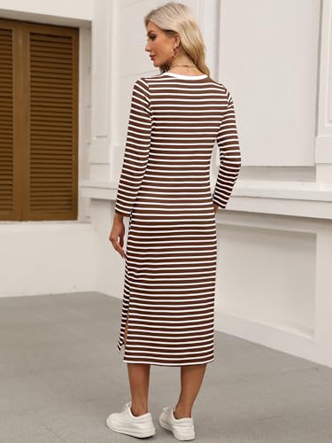 ANRABESS Womens 3/4 Sleeve Striped Slit Midi T Shirt Dresses 2026 Summer Casual Beach Vacation Clothes Spring Travel Sundress