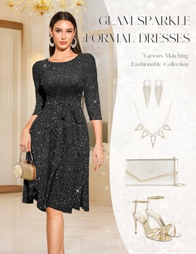 DRESSTELLS Sequin Cocktail Dresses for Women, Formal Wedding Guest 3/4 Sleeves Sparkly Evening Party Dress