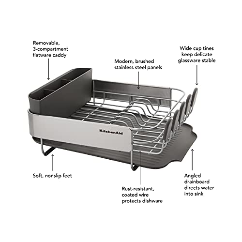 KitchenAid Compact, Space Saving Rust Resistant Dish Rack, with Angled Self Draining Drain Board and Removable Flatware Ca...
