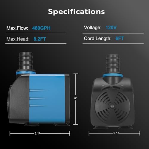 TONGCHANT 480GPH Adjustable Flow Fountain Pump with 3 Nozzles (1/2", 5/8", 3/4"), 10ft High Lift, 35W Ultra-Quiet Submersi...