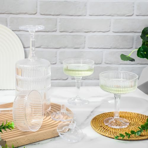 JarThenaAMCS 30Pcs Champagne Tower Glass 7 Oz Acrylic Champagne Coupe Stackable Clear Martini Cocktail Glass for Birthday ...