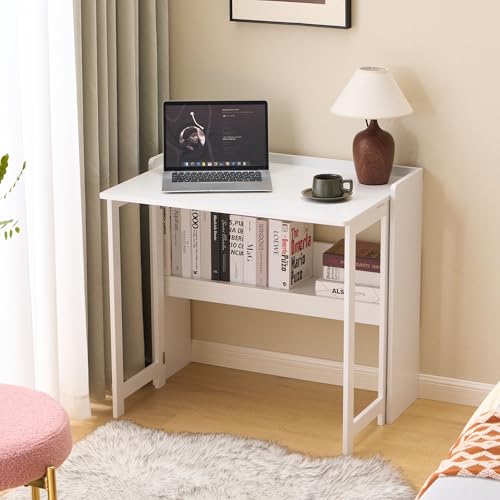 cayglow Foldable Desk，Folding Table with Storage Shelf,32.6 Inch Fold Out Computer Desk for Small Spaces,Writing Desk for ...