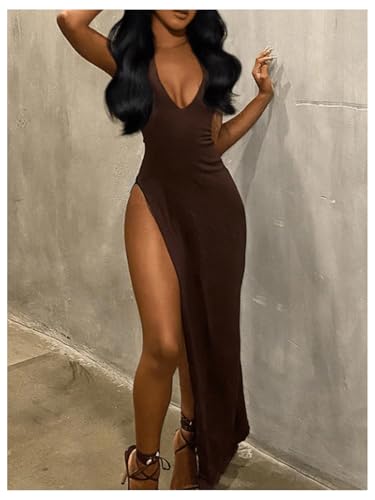SOLY HUX Women's Halter Maxi Dress Sexy Deep V Neck High Split Backless Sleeveless Bodycon Cocktail Party Long Dresses