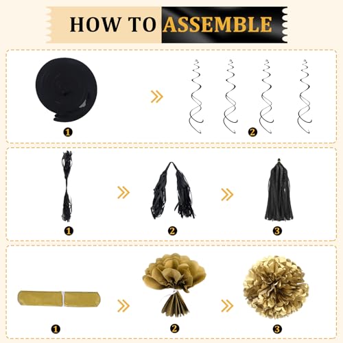 Black and Gold Birthday Party Decorations Kit for Men Women, Cheers Beer Confetti Black Gold Balloon Happy Birthday Banner...