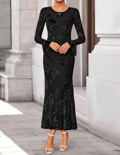 ZESICA Women's 2026 Bell Long Sleeve Floral Maxi Dress Spring Fashion Bodycon Mesh Wedding Guest Cocktail Party Dresses