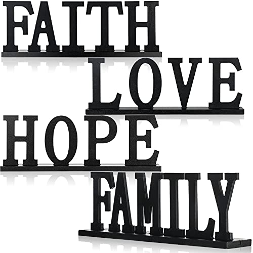 4 Pieces Love Faith Hope Family Wood Word Sign Black Wooden Cutout Letter Table Decor Rustic Letter Tabletop Decoration Fr...