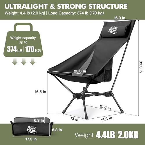 AuroraTrail High Back Folding Camping Chair with Pillow – Lightweight Portable Outdoor Chair with Cup Holder & Carry Bag, ...