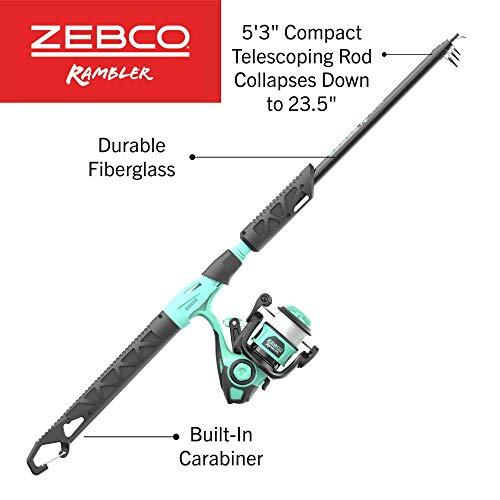 Zebco Rambler Fishing Reel and Rod Combo, Durable Fiberglass Rod with Built-in Carabiner, Patented No-Tangle Reel, Pre-Spo...