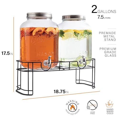 2 GALLON Glass Drink Dispensers for Parties, Original Mason Ice Beverage Dispensers, Glass Water Dispenser with Spigot, La...