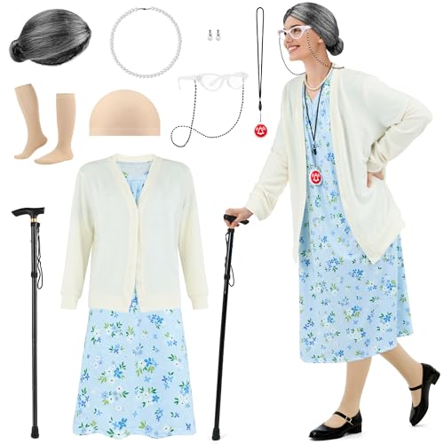SOMSOC 8 Pieces Women Old Lady Costume Grandma Dress Cardigan with Wig Glasses Cane for 100 Days of School Cosplay